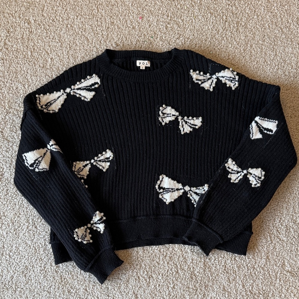 POL Black Sweater with White Bow Accents